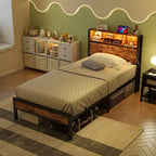 Modern Twin Size Metal Platform Bed Frame with Storage Headboard, Charging Station and LED Lights