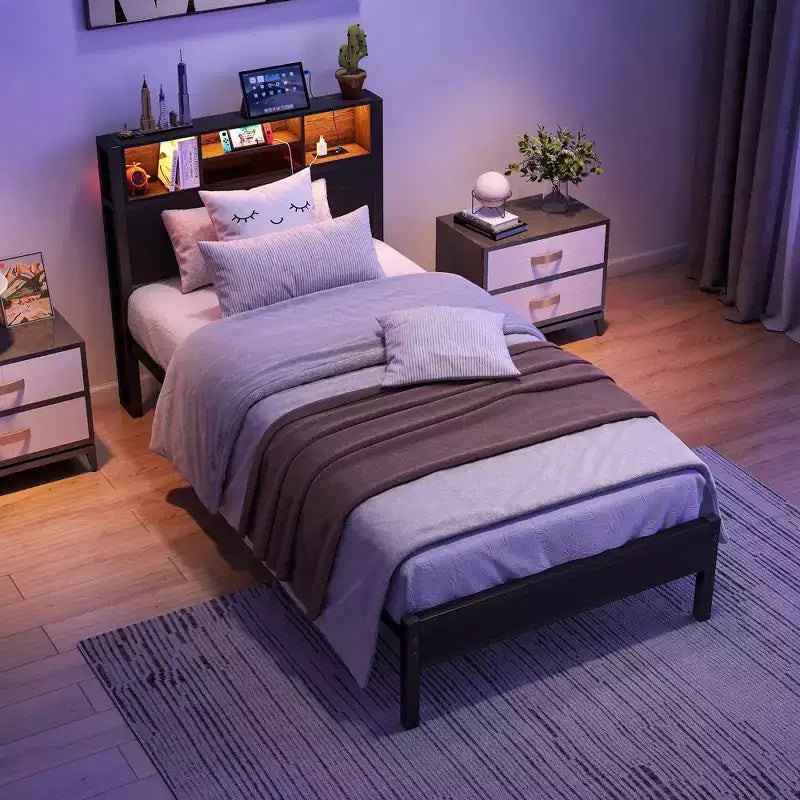 Modern Twin Size Metal Platform Bed Frame with Storage Headboard, Charging Station and LED Lights