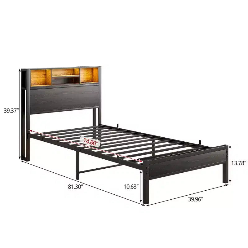 Modern Twin Size Metal Platform Bed Frame with Storage Headboard, Charging Station and LED Lights