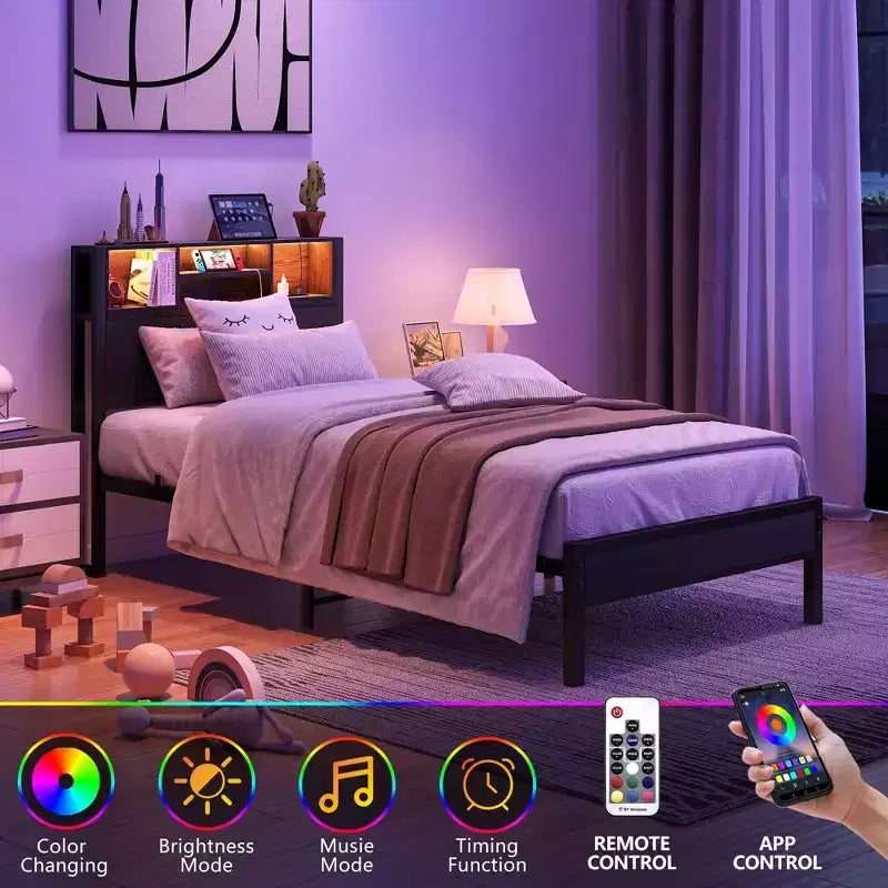 Modern Twin Size Metal Platform Bed Frame with Storage Headboard, Charging Station and LED Lights