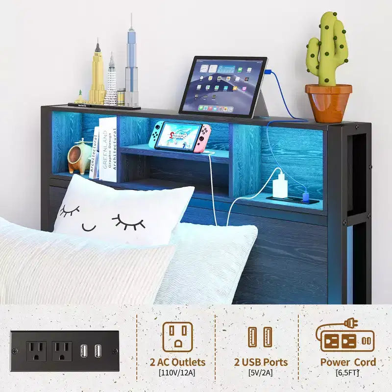 Modern Twin Size Metal Platform Bed Frame with Storage Headboard, Charging Station and LED Lights