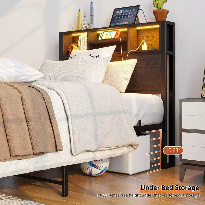Modern Twin Size Metal Platform Bed Frame with Storage Headboard, Charging Station and LED Lights