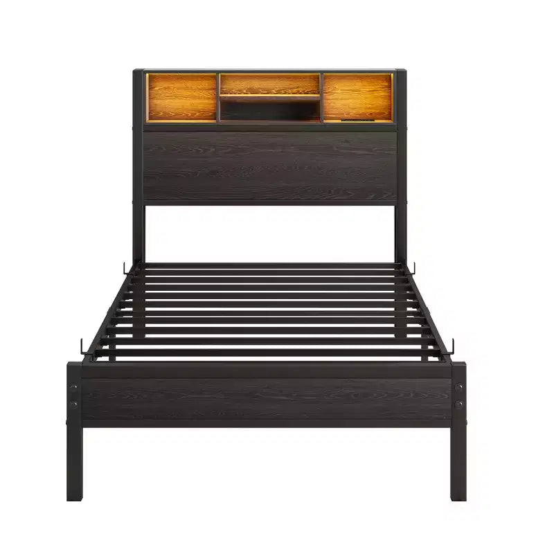 Modern Twin Size Metal Platform Bed Frame with Storage Headboard, Charging Station and LED Lights