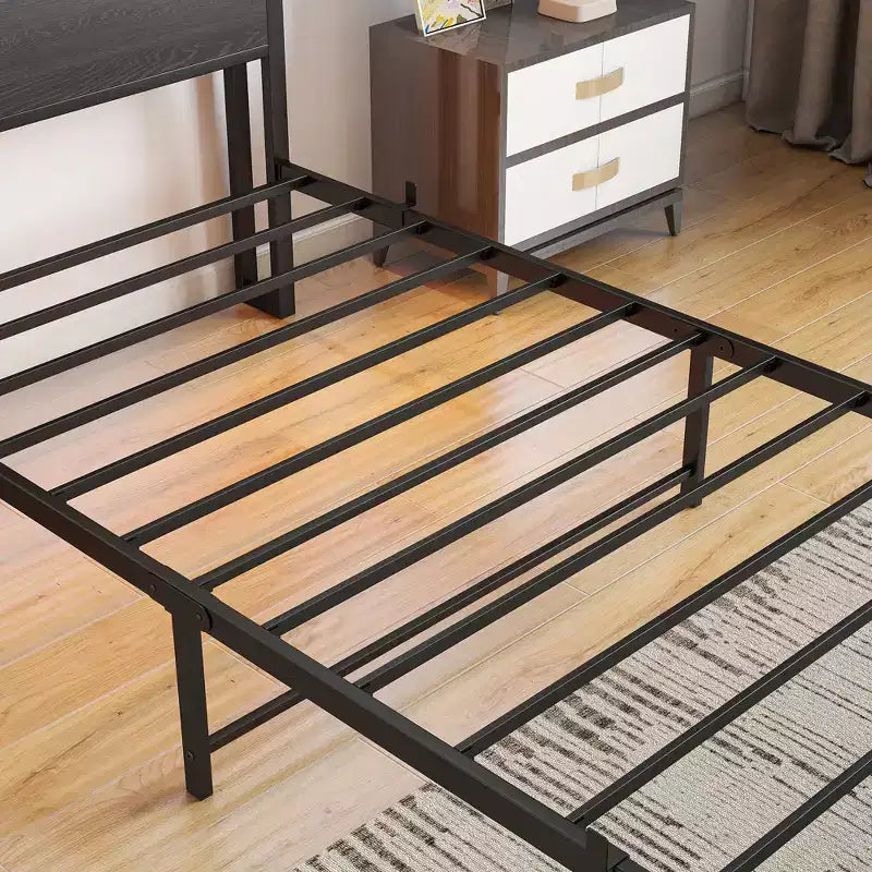 Modern Twin Size Metal Platform Bed Frame with Storage Headboard, Charging Station and LED Lights
