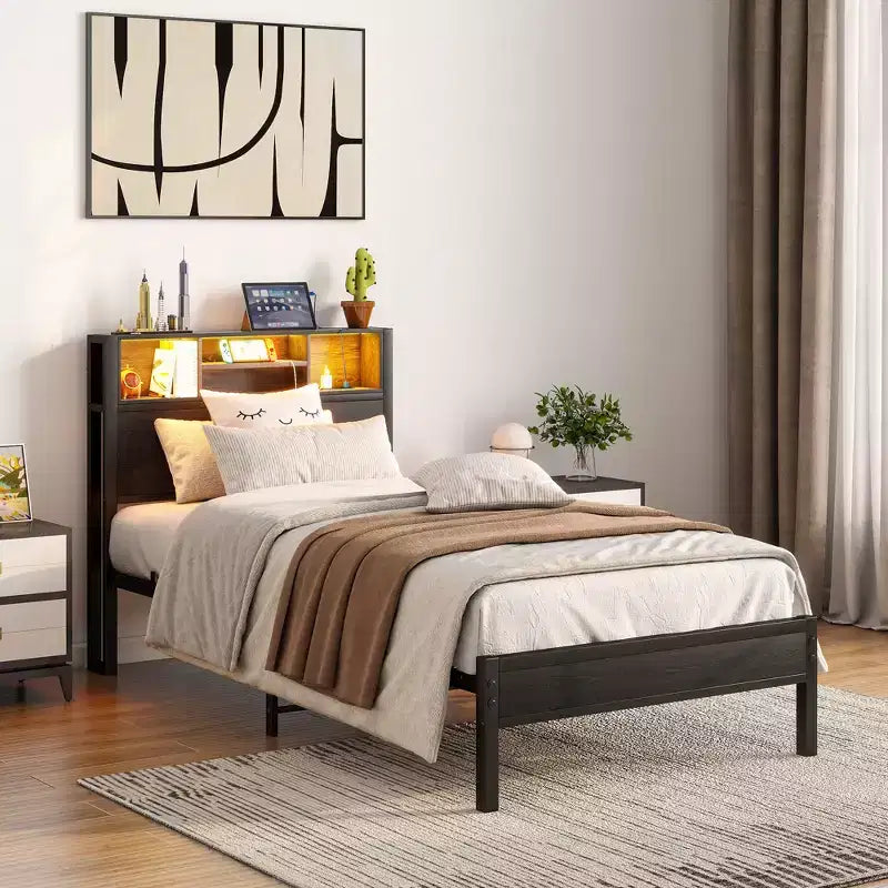 Modern Twin Size Metal Platform Bed Frame with Storage Headboard, Charging Station and LED Lights