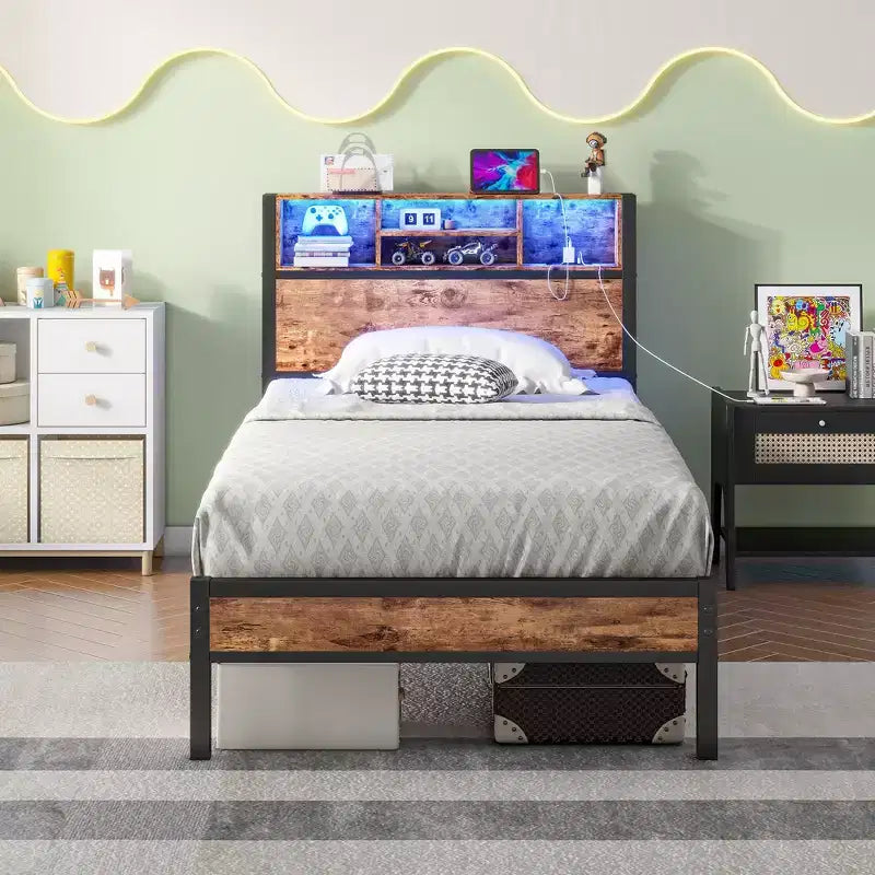 Modern Twin Size Metal Platform Bed Frame with Storage Headboard, Charging Station and LED Lights