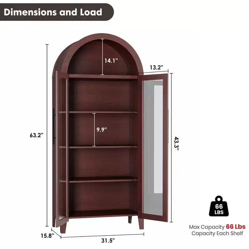 Arched Kitchen Pantry Cabinet Farmhouse 5 Tier Display Shelf with Adjustable Shelf and 2 Large Glass Doors, Versatile Storage Cupboard