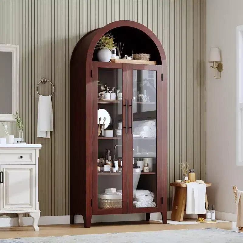 Arched Kitchen Pantry Cabinet Farmhouse 5 Tier Display Shelf with Adjustable Shelf and 2 Large Glass Doors, Versatile Storage Cupboard