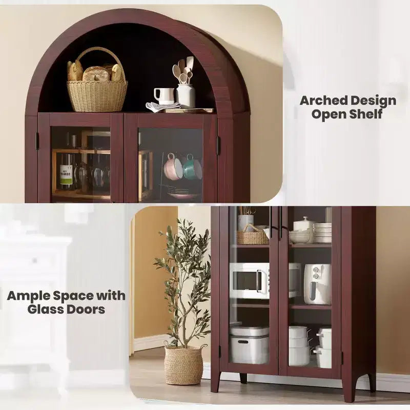 Arched Kitchen Pantry Cabinet Farmhouse 5 Tier Display Shelf with Adjustable Shelf and 2 Large Glass Doors, Versatile Storage Cupboard