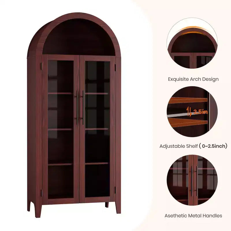 Arched Kitchen Pantry Cabinet Farmhouse 5 Tier Display Shelf with Adjustable Shelf and 2 Large Glass Doors, Versatile Storage Cupboard