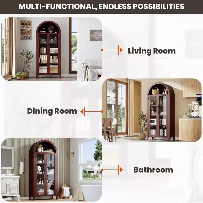 Arched Kitchen Pantry Cabinet Farmhouse 5 Tier Display Shelf with Adjustable Shelf and 2 Large Glass Doors, Versatile Storage Cupboard
