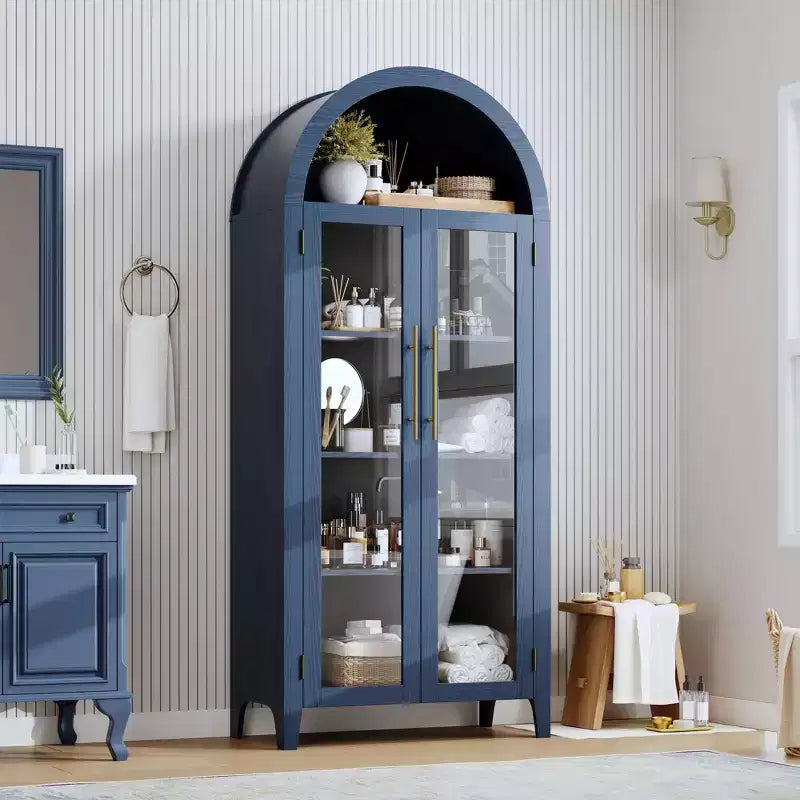 Arched Kitchen Pantry Cabinet Farmhouse 5 Tier Display Shelf with Adjustable Shelf and 2 Large Glass Doors, Versatile Storage Cupboard