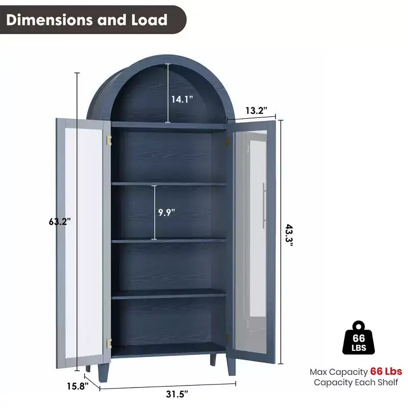 Arched Kitchen Pantry Cabinet Farmhouse 5 Tier Display Shelf with Adjustable Shelf and 2 Large Glass Doors, Versatile Storage Cupboard