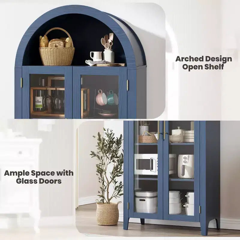 Arched Kitchen Pantry Cabinet Farmhouse 5 Tier Display Shelf with Adjustable Shelf and 2 Large Glass Doors, Versatile Storage Cupboard