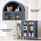 Arched Kitchen Pantry Cabinet Farmhouse 5 Tier Display Shelf with Adjustable Shelf and 2 Large Glass Doors, Versatile Storage Cupboard