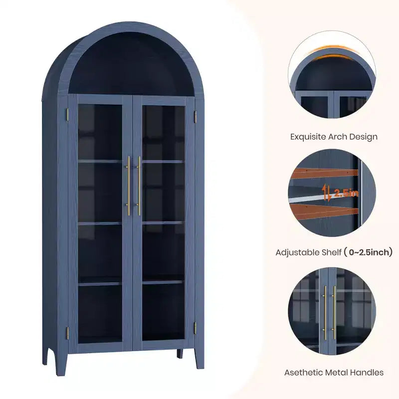 Arched Kitchen Pantry Cabinet Farmhouse 5 Tier Display Shelf with Adjustable Shelf and 2 Large Glass Doors, Versatile Storage Cupboard