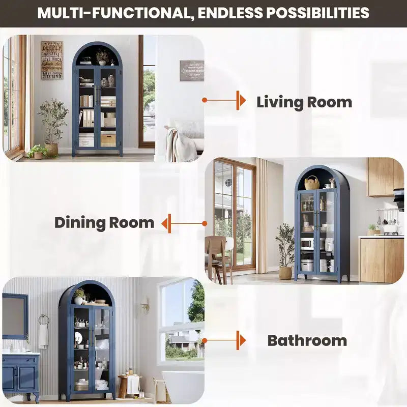 Arched Kitchen Pantry Cabinet Farmhouse 5 Tier Display Shelf with Adjustable Shelf and 2 Large Glass Doors, Versatile Storage Cupboard
