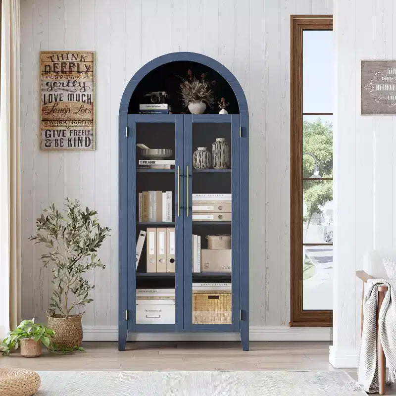 Arched Kitchen Pantry Cabinet Farmhouse 5 Tier Display Shelf with Adjustable Shelf and 2 Large Glass Doors, Versatile Storage Cupboard