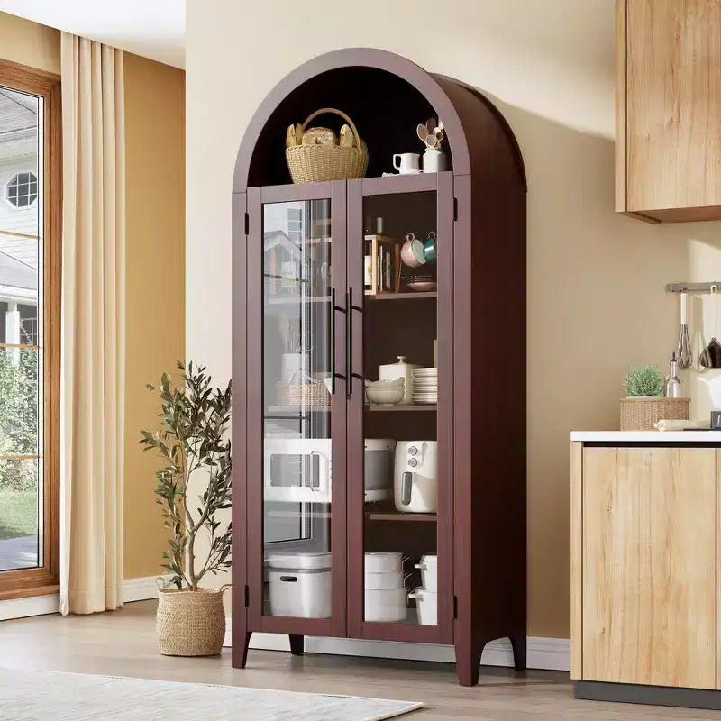 Arched Kitchen Pantry Cabinet Farmhouse 5 Tier Display Shelf with Adjustable Shelf and 2 Large Glass Doors, Versatile Storage Cupboard
