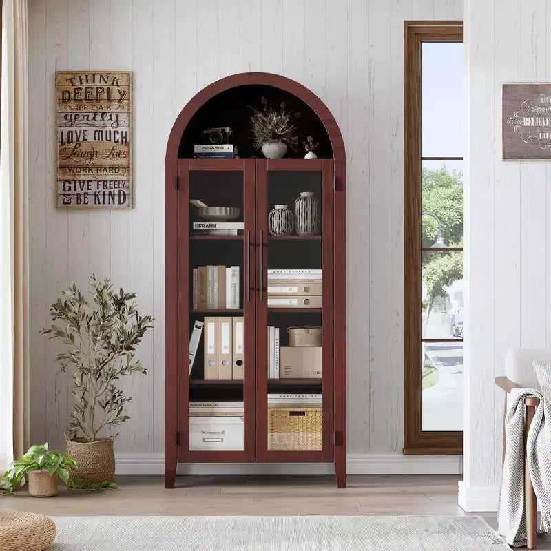 Arched Kitchen Pantry Cabinet Farmhouse 5 Tier Display Shelf with Adjustable Shelf and 2 Large Glass Doors, Versatile Storage Cupboard