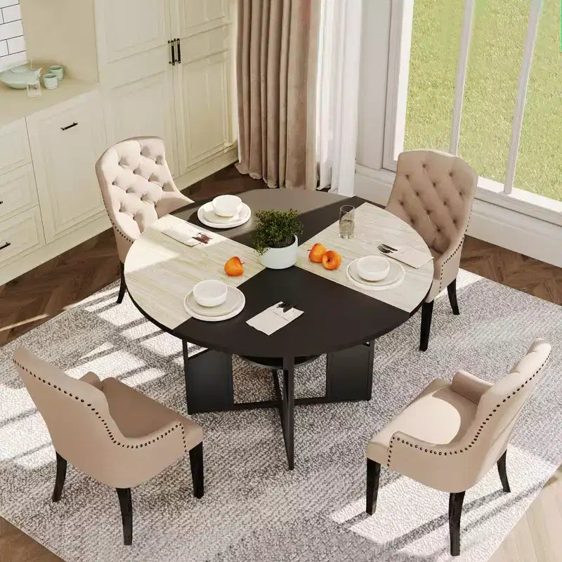 Round Dining Table for 4-6 People Modern Farmhouse Wooden Circle Kitchen Table with Storage Shelf, Waterproof Tabletop Breakfast Nook Furniture
