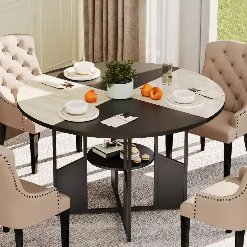 Round Dining Table for 4-6 People Modern Farmhouse Wooden Circle Kitchen Table with Storage Shelf, Waterproof Tabletop Breakfast Nook Furniture