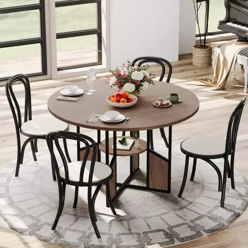 Round Dining Table for 4-6 People Modern Farmhouse Wooden Circle Kitchen Table with Storage Shelf, Waterproof Tabletop Breakfast Nook Furniture