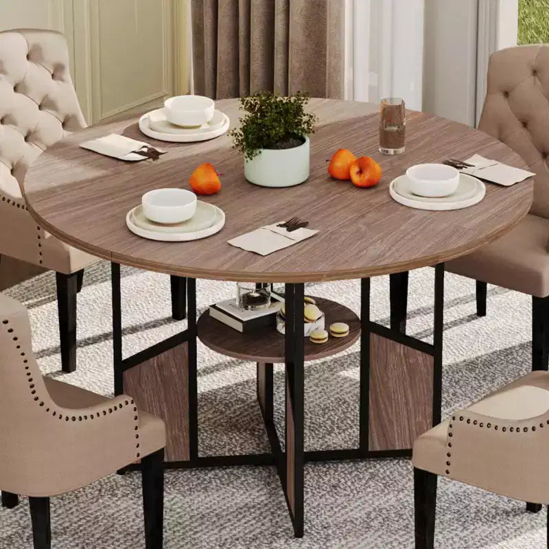 Round Dining Table for 4-6 People Modern Farmhouse Wooden Circle Kitchen Table with Storage Shelf, Waterproof Tabletop Breakfast Nook Furniture