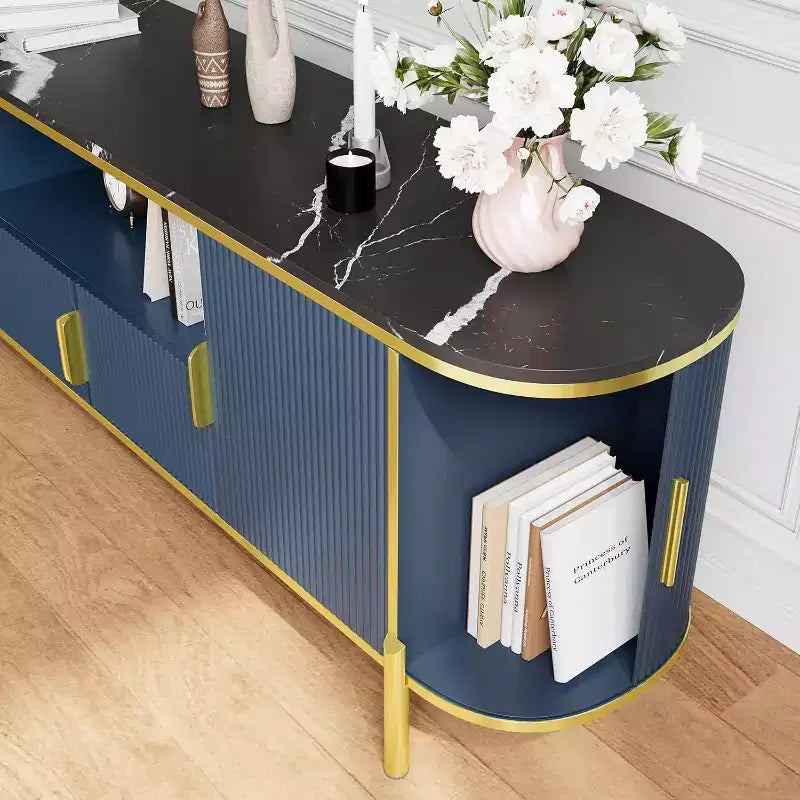 Round Wave Pattern Four-Door TV Stand 70 Large Luxury Entertainment Center, Adjustable Shelves