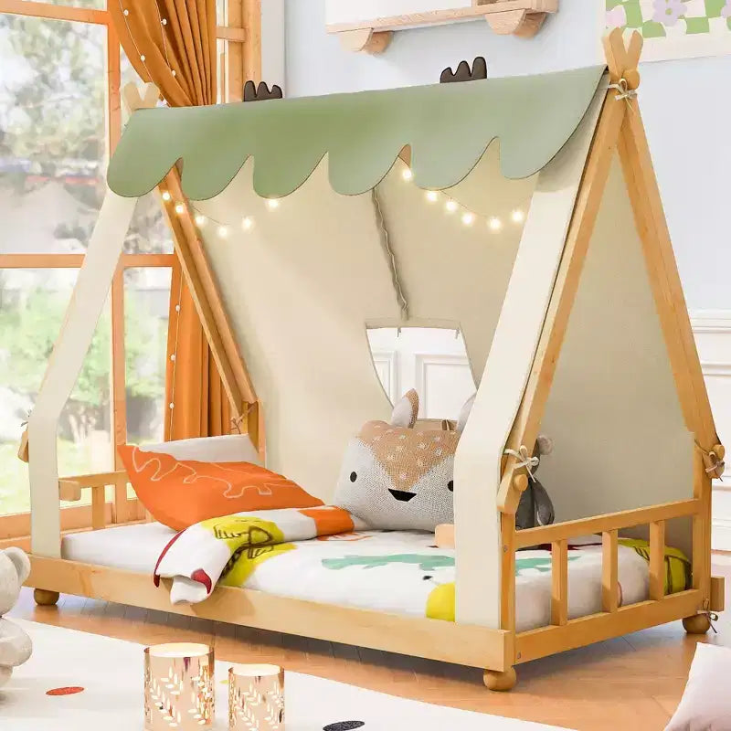 Twin/Full House-Shaped Floor Canopy Beds with Tent & Light Decor,Platform Bed Frame for Kids,Teens,No Spring Box Needed