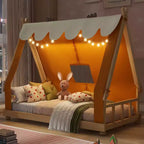Twin/Full House-Shaped Floor Canopy Beds with Tent & Light Decor,Platform Bed Frame for Kids,Teens,No Spring Box Needed