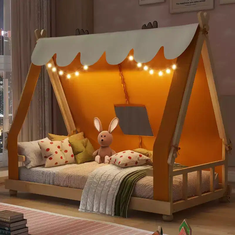 Twin/Full House-Shaped Floor Canopy Beds with Tent & Light Decor,Platform Bed Frame for Kids,Teens,No Spring Box Needed