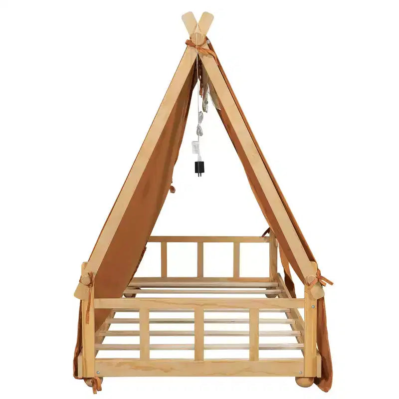 Twin/Full House-Shaped Floor Canopy Beds with Tent & Light Decor,Platform Bed Frame for Kids,Teens,No Spring Box Needed