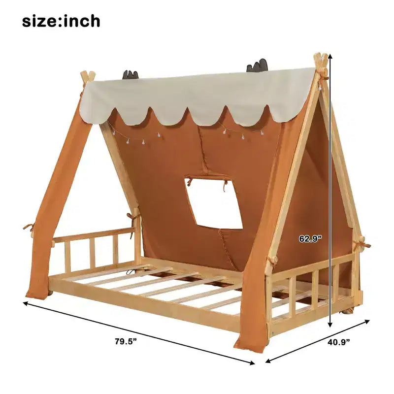 Twin/Full House-Shaped Floor Canopy Beds with Tent & Light Decor,Platform Bed Frame for Kids,Teens,No Spring Box Needed