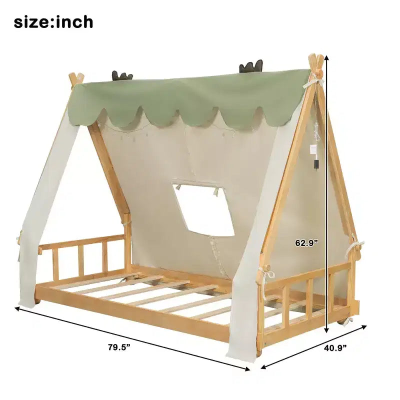 Twin/Full House-Shaped Floor Canopy Beds with Tent & Light Decor,Platform Bed Frame for Kids,Teens,No Spring Box Needed