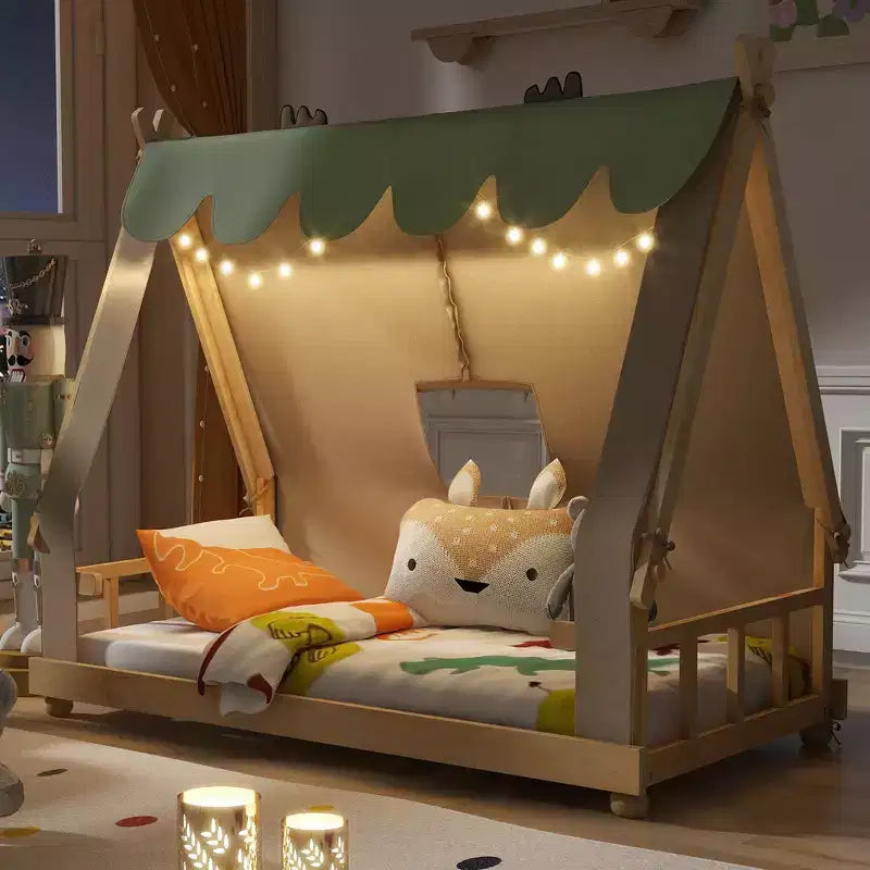 Twin/Full House-Shaped Floor Canopy Beds with Tent & Light Decor,Platform Bed Frame for Kids,Teens,No Spring Box Needed