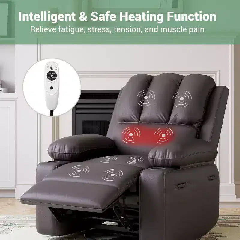 Massage Recliner Chair for Adults, Swivel Rocker with Heat, PU Leather, Remote, Cup Holders, Side Pocket, Wide Recliner for Living Room, Bedroom