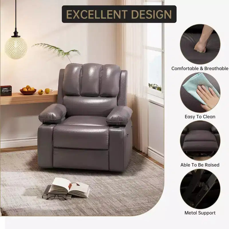 Massage Recliner Chair for Adults, Swivel Rocker with Heat, PU Leather, Remote, Cup Holders, Side Pocket, Wide Recliner for Living Room, Bedroom