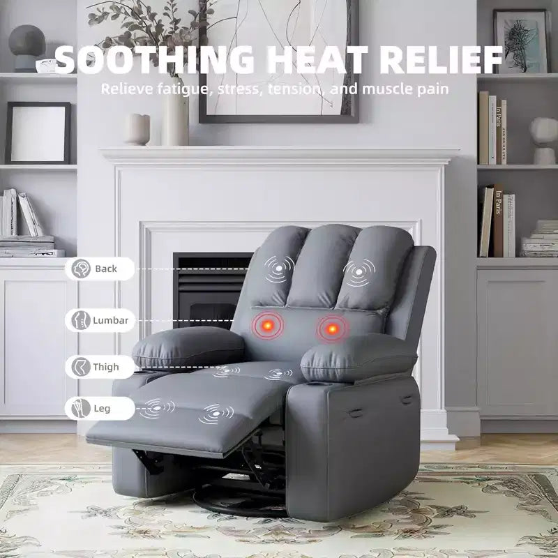 Massage Recliner Chair for Adults, Swivel Rocker with Heat, PU Leather, Remote, Cup Holders, Side Pocket, Wide Recliner for Living Room, Bedroom