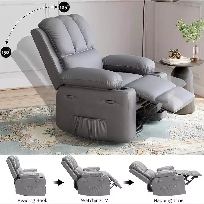 Massage Recliner Chair for Adults, Swivel Rocker with Heat, PU Leather, Remote, Cup Holders, Side Pocket, Wide Recliner for Living Room, Bedroom
