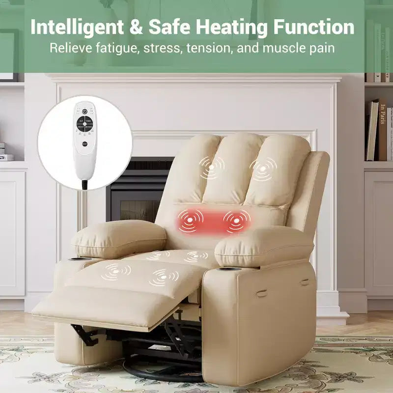 Massage Recliner Chair for Adults, Swivel Rocker with Heat, PU Leather, Remote, Cup Holders, Side Pocket, Wide Recliner for Living Room, Bedroom