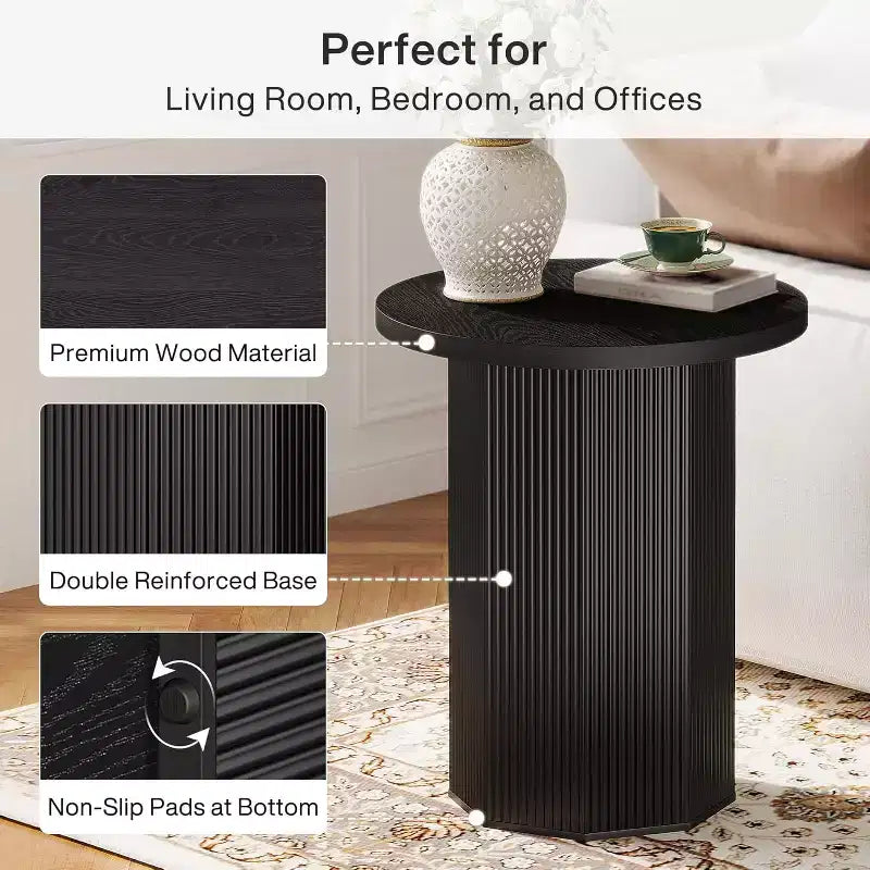 Round End Table, Farmhouse Pedestal Side Table, Fluted Wooden Nightstand Drink Stand for Living Room, Bedroom,Black
