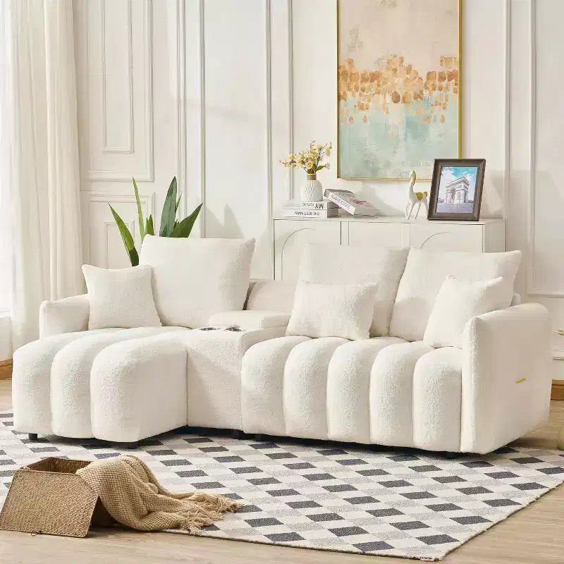 92-inch high-quality corner sofa with a central console coffee table, suitable for living room/apartment, white.
