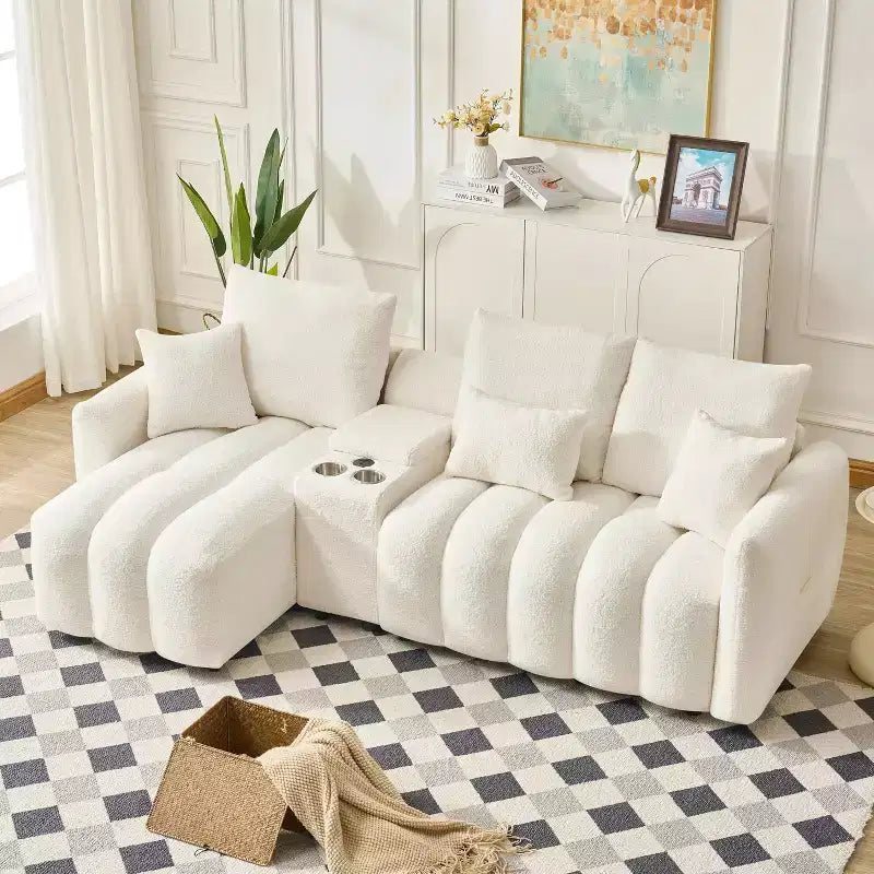 92-inch high-quality corner sofa with a central console coffee table, suitable for living room/apartment, white.