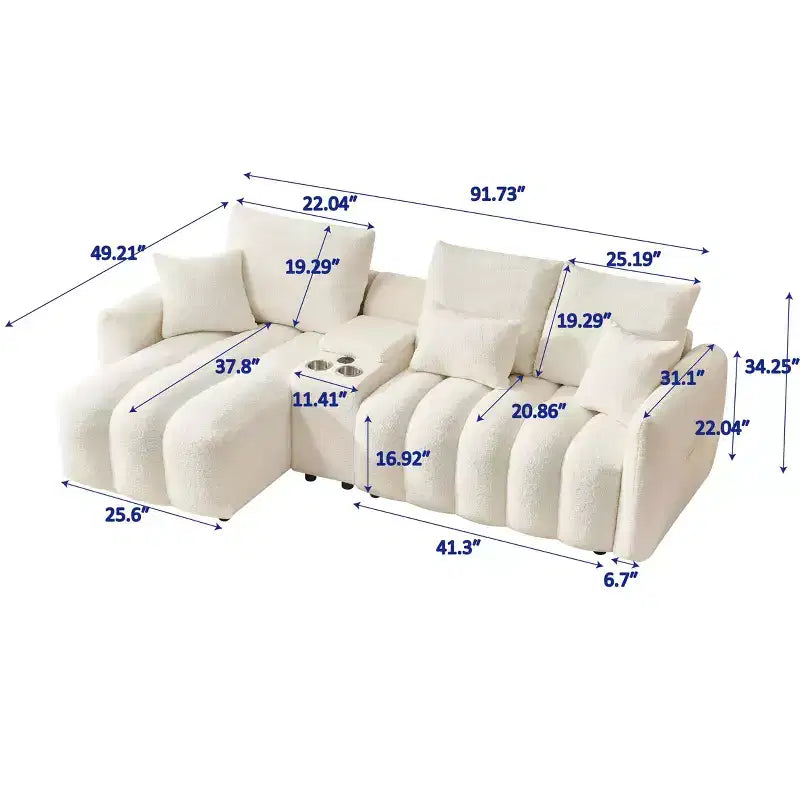 92-inch high-quality corner sofa with a central console coffee table, suitable for living room/apartment, white.