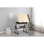 Adjustable Height Drawing Table with 0-75 Tilt, Adult Art Table, with Two Storage Drawers and a Stool, Art Table, Painter Drawing Table, White Oak