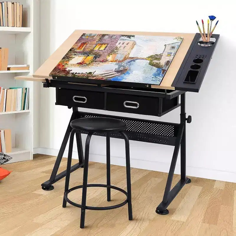 Adjustable Height Drawing Table with 0-75 Tilt, Adult Art Table, with Two Storage Drawers and a Stool, Art Table, Painter Drawing Table, White Oak