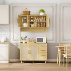 71 Rattan Kitchen Pantry Storage Cabinet, Buffet Cabinet with Microwave Stand, Adjustable Shelves and 6 Hooks Natural