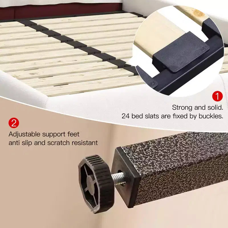 King Size Upholstered Platform Bed, Metal & Solid Wood Bed Frame with Special Shaped Velvet Headboard
