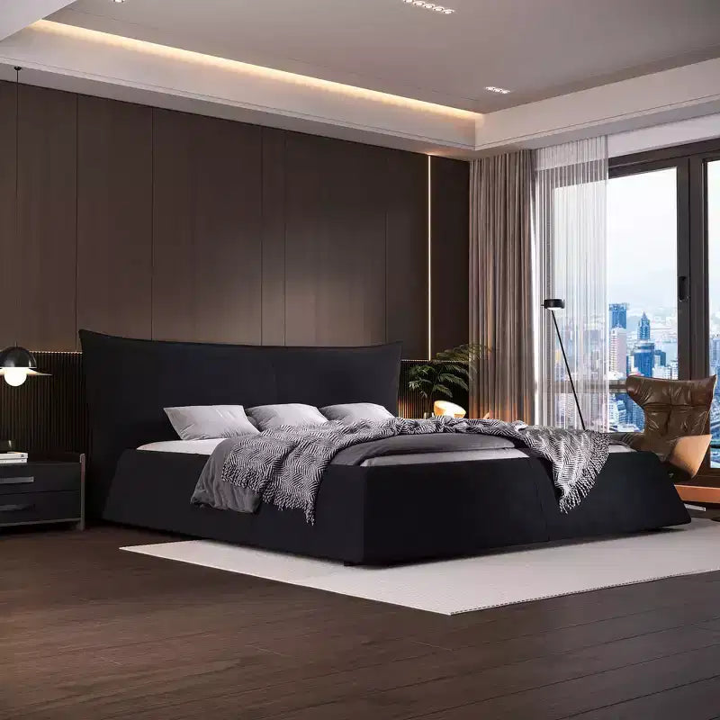 King Size Upholstered Platform Bed, Metal & Solid Wood Bed Frame with Special Shaped Velvet Headboard